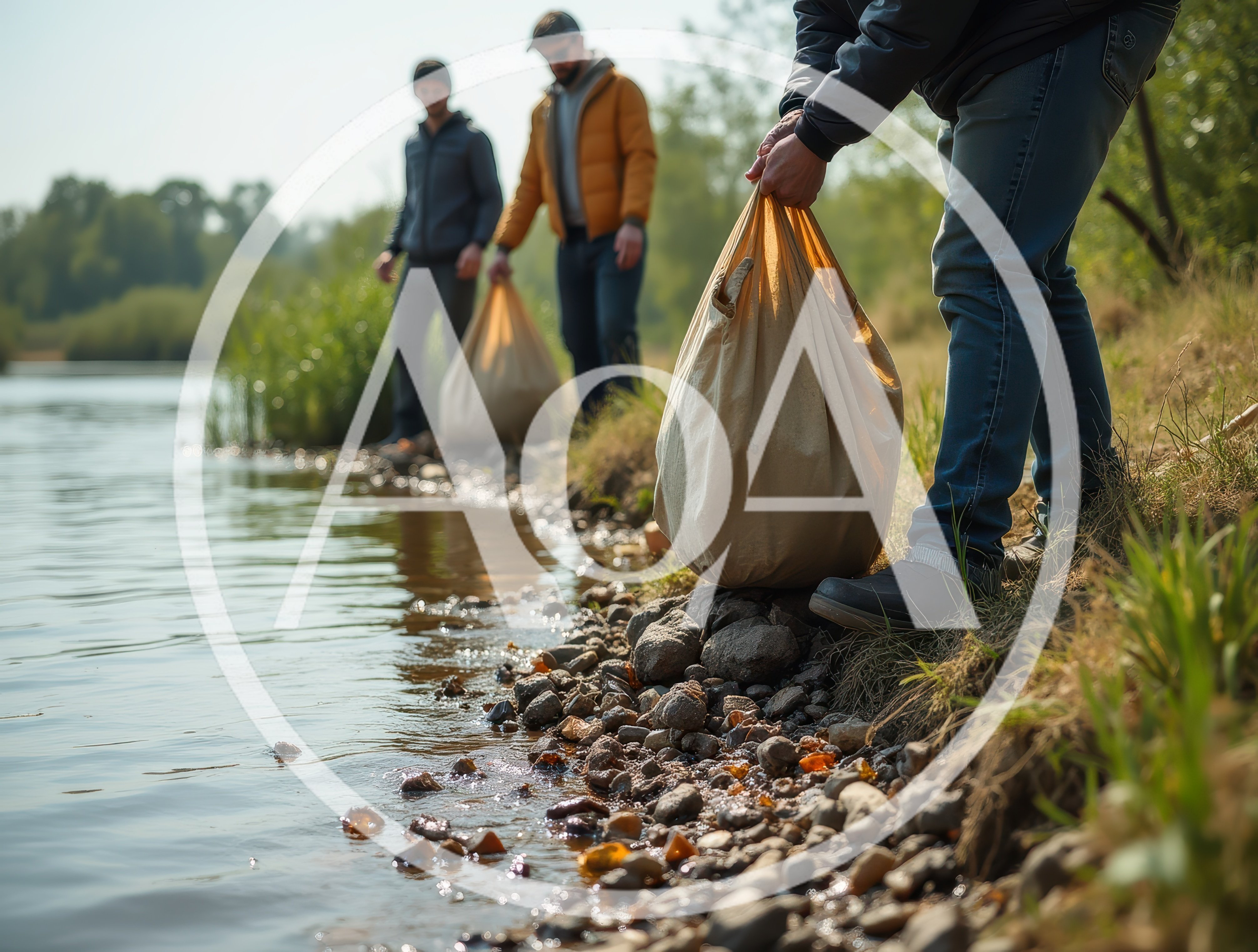 Volunteers Cleaning Trash Along A Riverbank