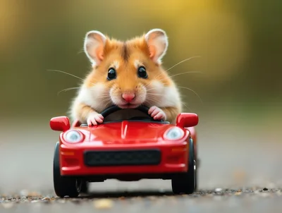 Cute Hamster Driving A Small Red Toy Car