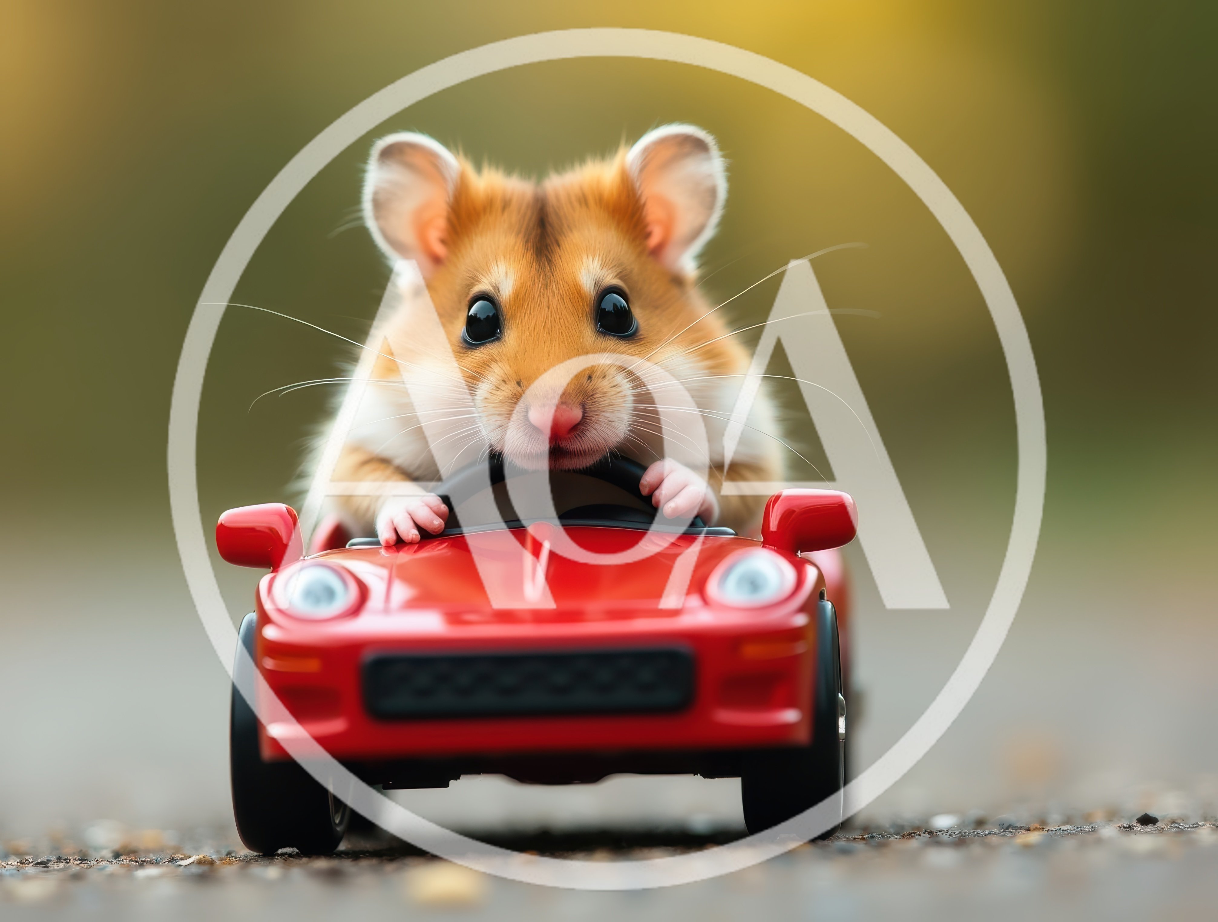 Cute Hamster Driving A Small Red Toy Car