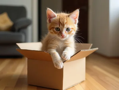 Cute Ginger Kitten Sitting Inside A Cardboard Box