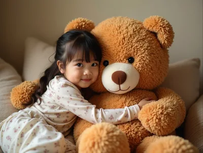 Little girl hugging giant teddy bear on sofa at home