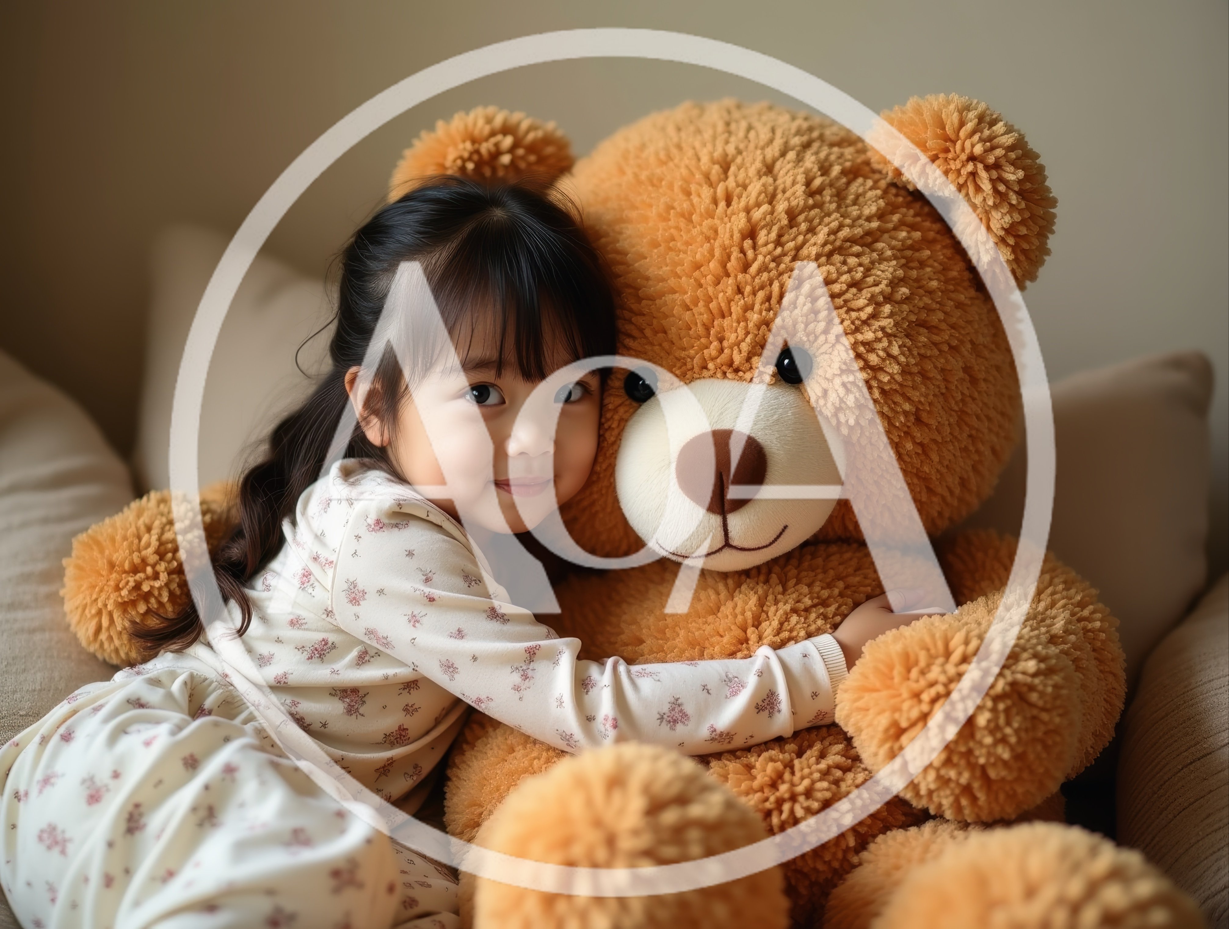 Little girl hugging giant teddy bear on sofa at home