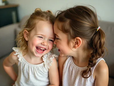Two Young Girls Laughing Together Indoors