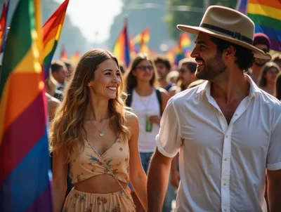 Happy Couple Walking Together at Pride Parade
