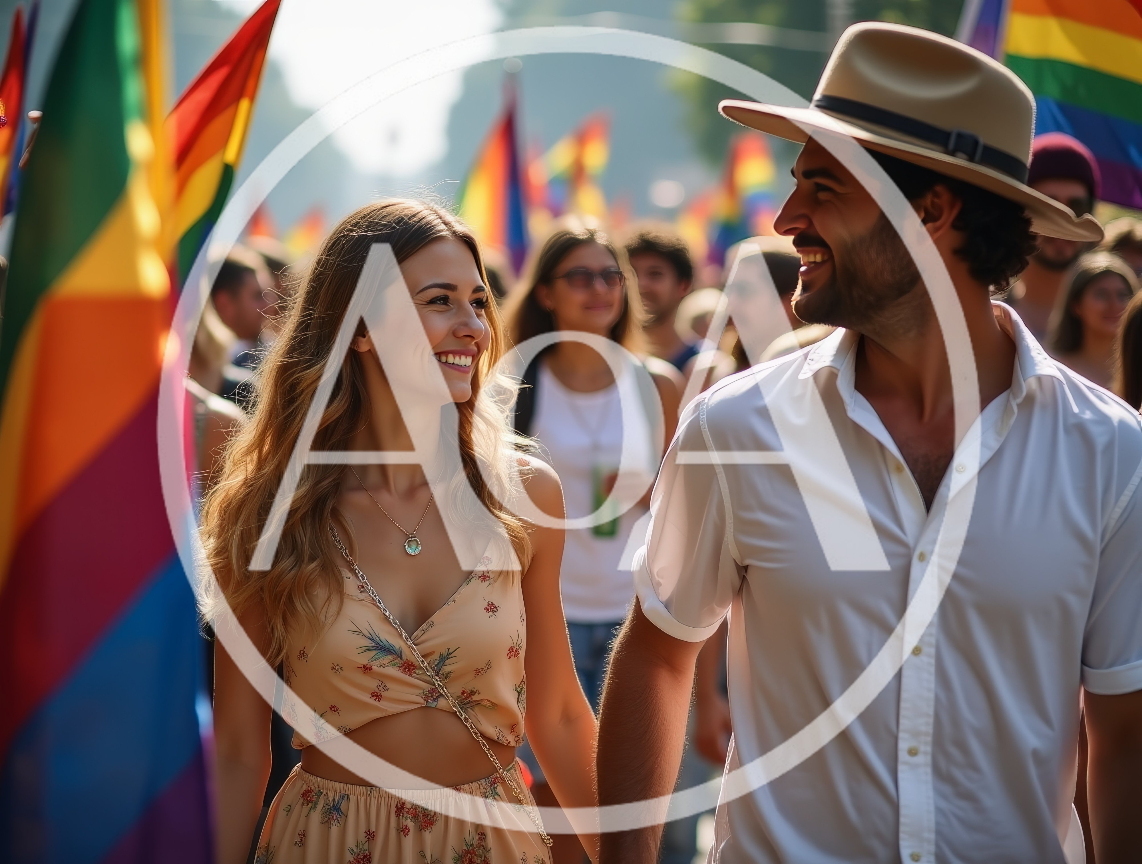 Happy Couple Walking Together at Pride Parade