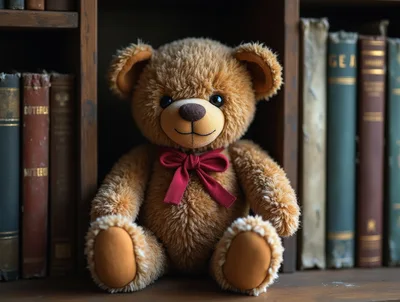 Cute Teddy Bear Sitting On A Wooden Bookshelf