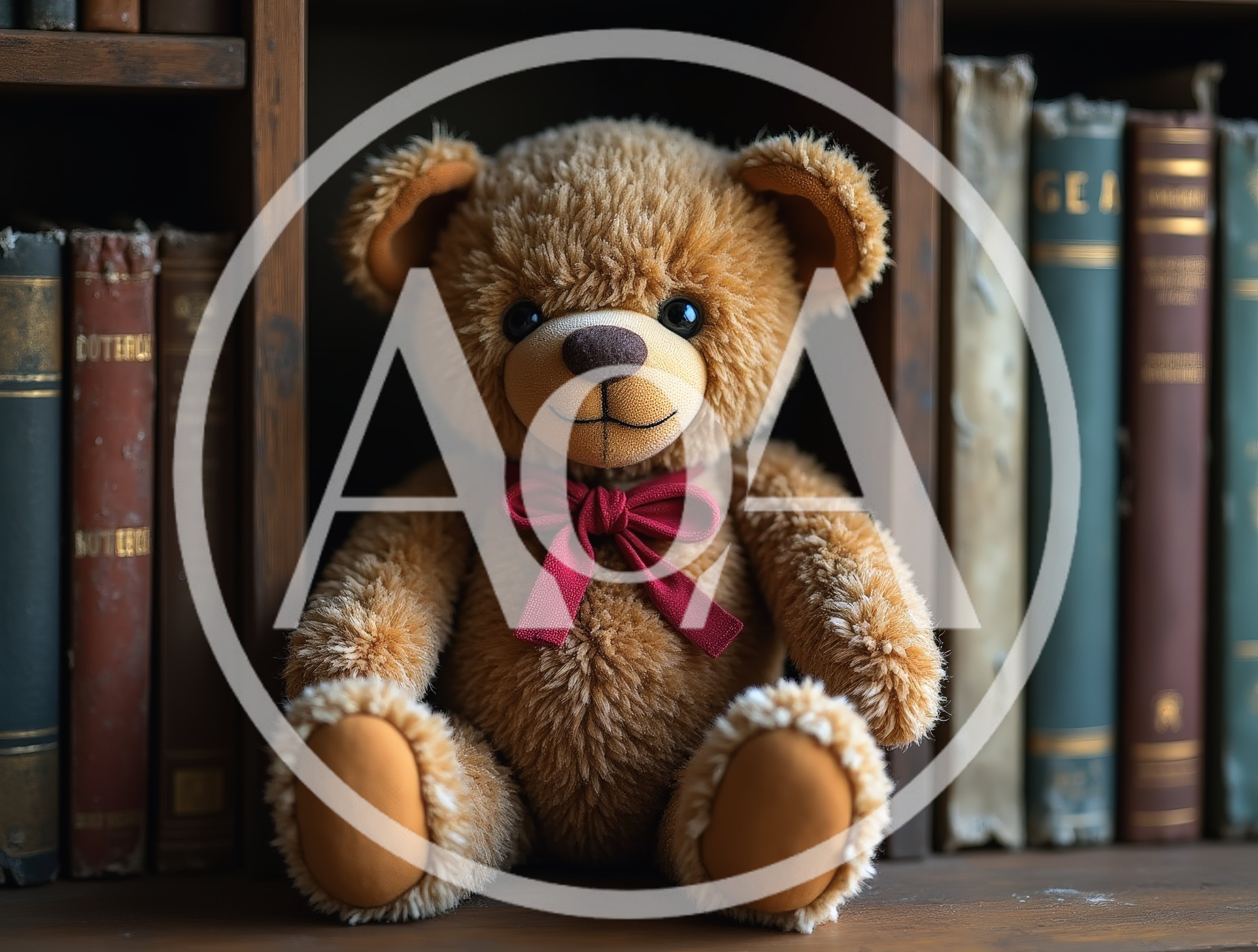 Cute Teddy Bear Sitting On A Wooden Bookshelf