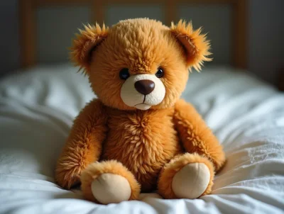 Fluffy Brown Teddy Bear Sitting On White Bedding