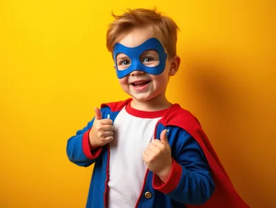 Happy Little Boy Wearing Superhero Costume Giving Thumbs Up