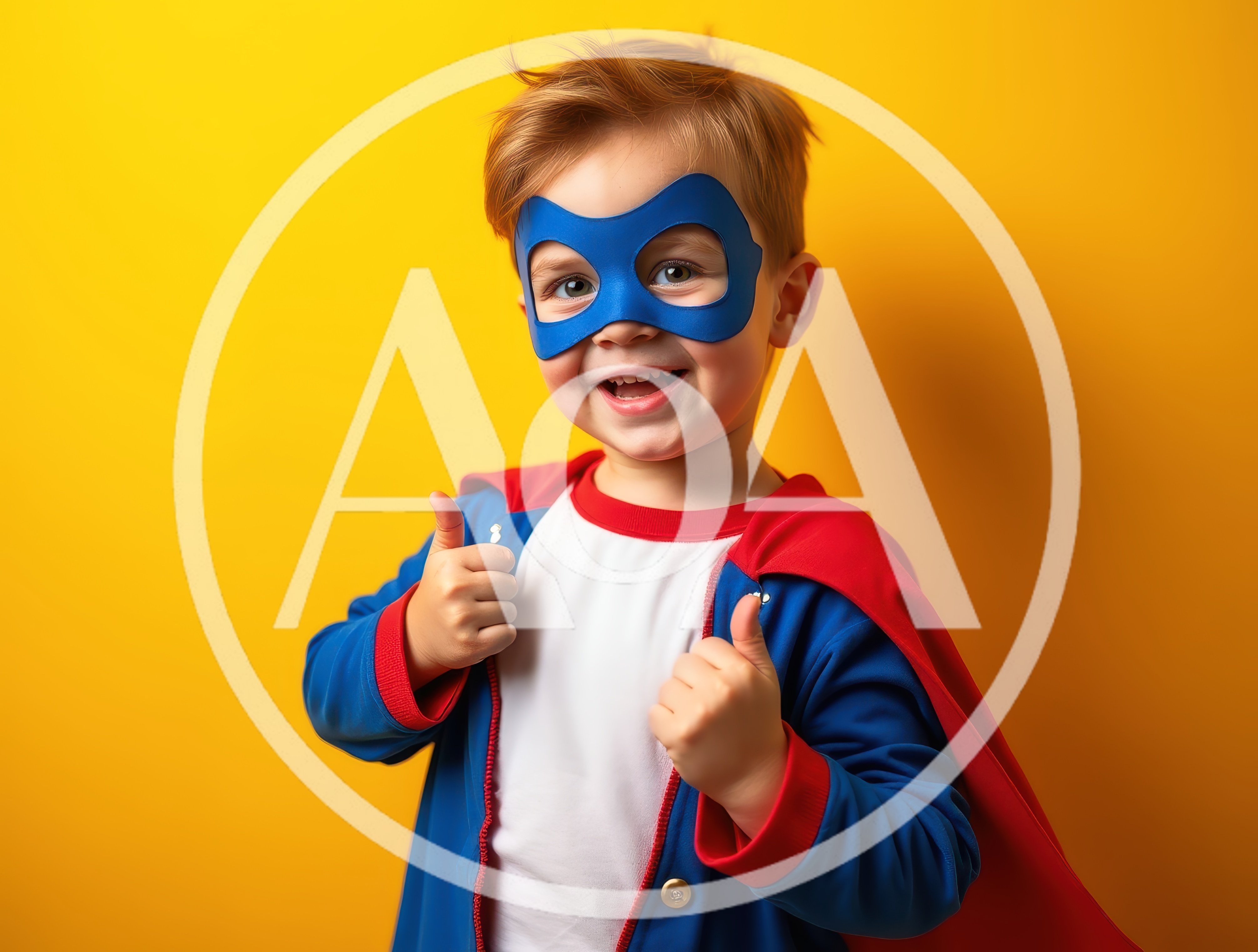 Happy Little Boy Wearing Superhero Costume Giving Thumbs Up