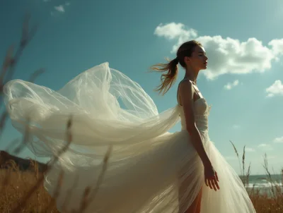 Bride Standing In A Windy Field At Sunset