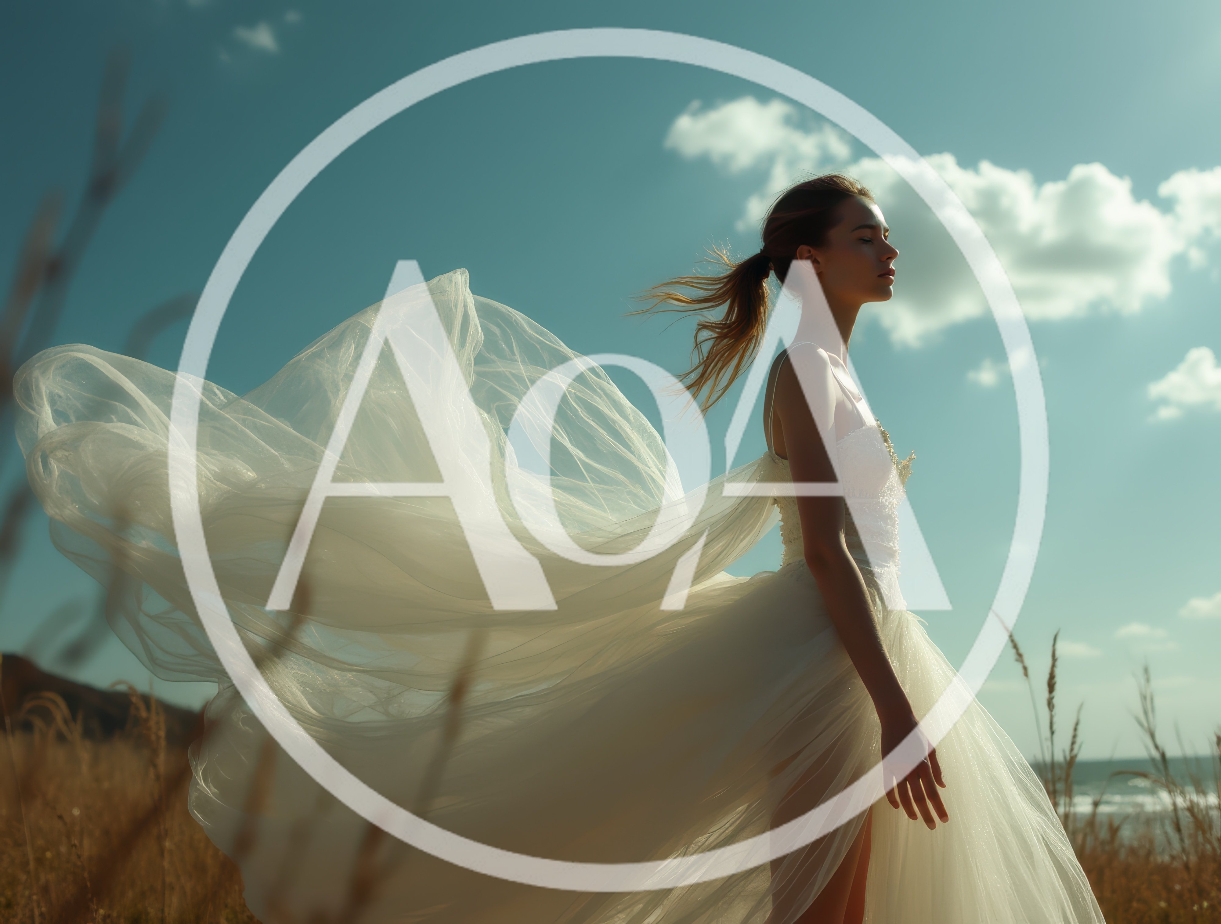 Bride Standing In A Windy Field At Sunset