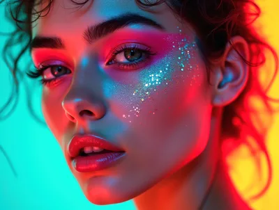 Portrait Of A Woman With Neon Makeup And Glitter