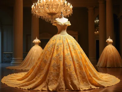 Three Golden Ball Gowns On Mannequins In Grand Hall