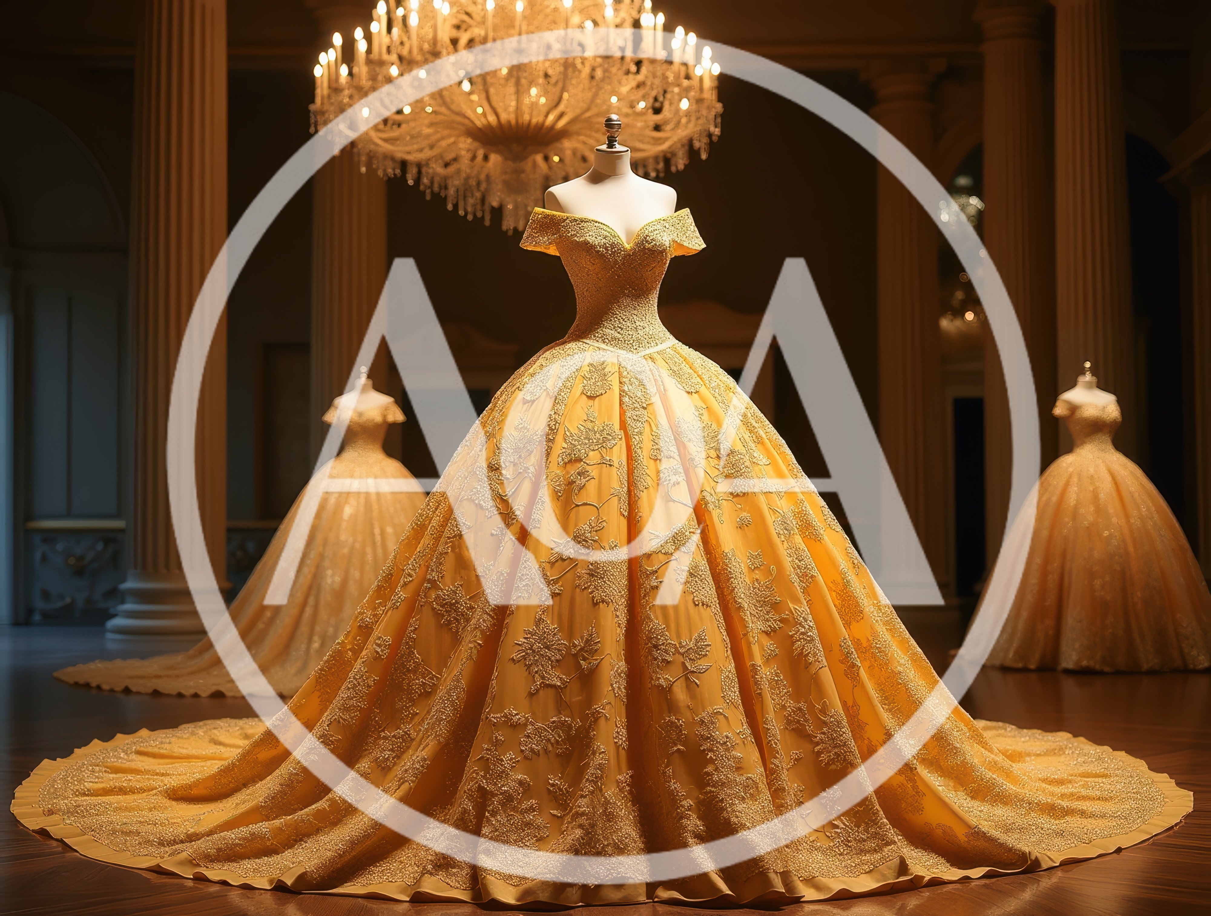 Three Golden Ball Gowns On Mannequins In Grand Hall