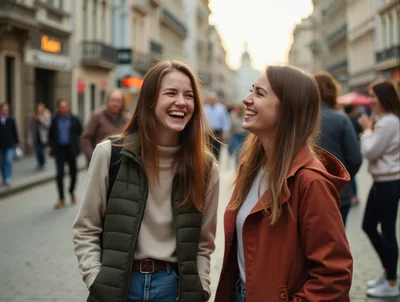 Two Young Women Laughing Together on a City Street