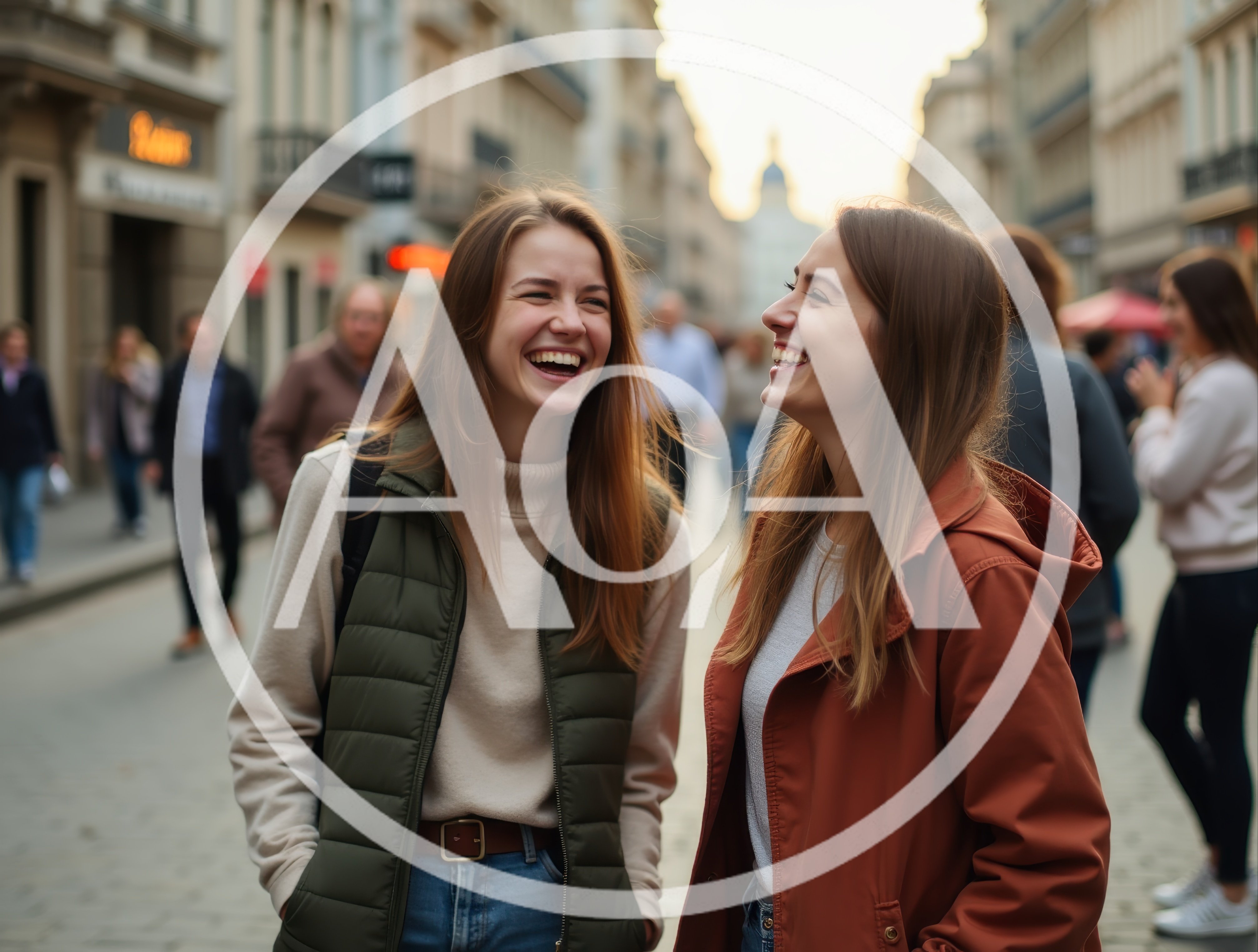 Two Young Women Laughing Together on a City Street