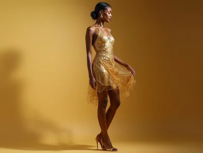 Elegant Woman Posing In A Shimmering Gold Dress