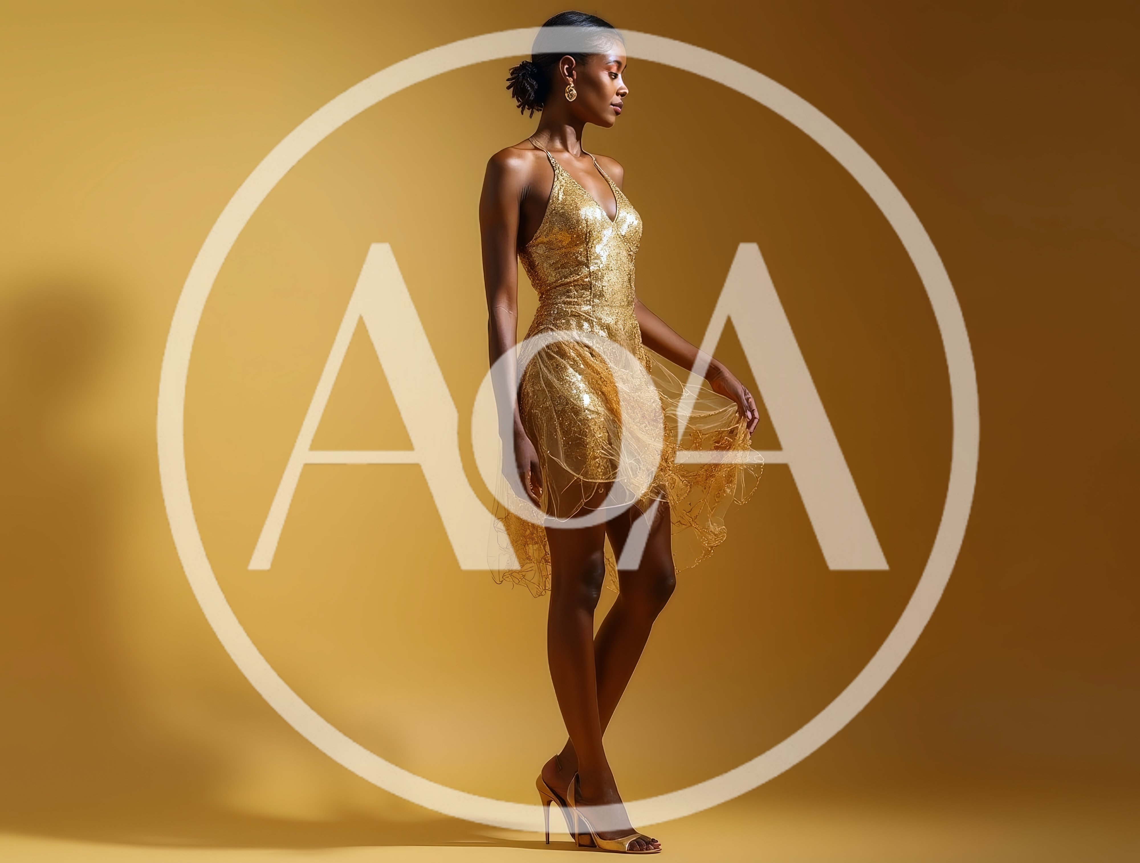 Elegant Woman Posing In A Shimmering Gold Dress