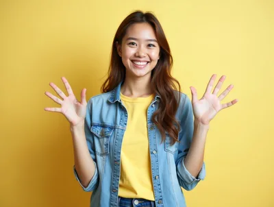 Young Asian Woman Waving Hands Against Yellow Background