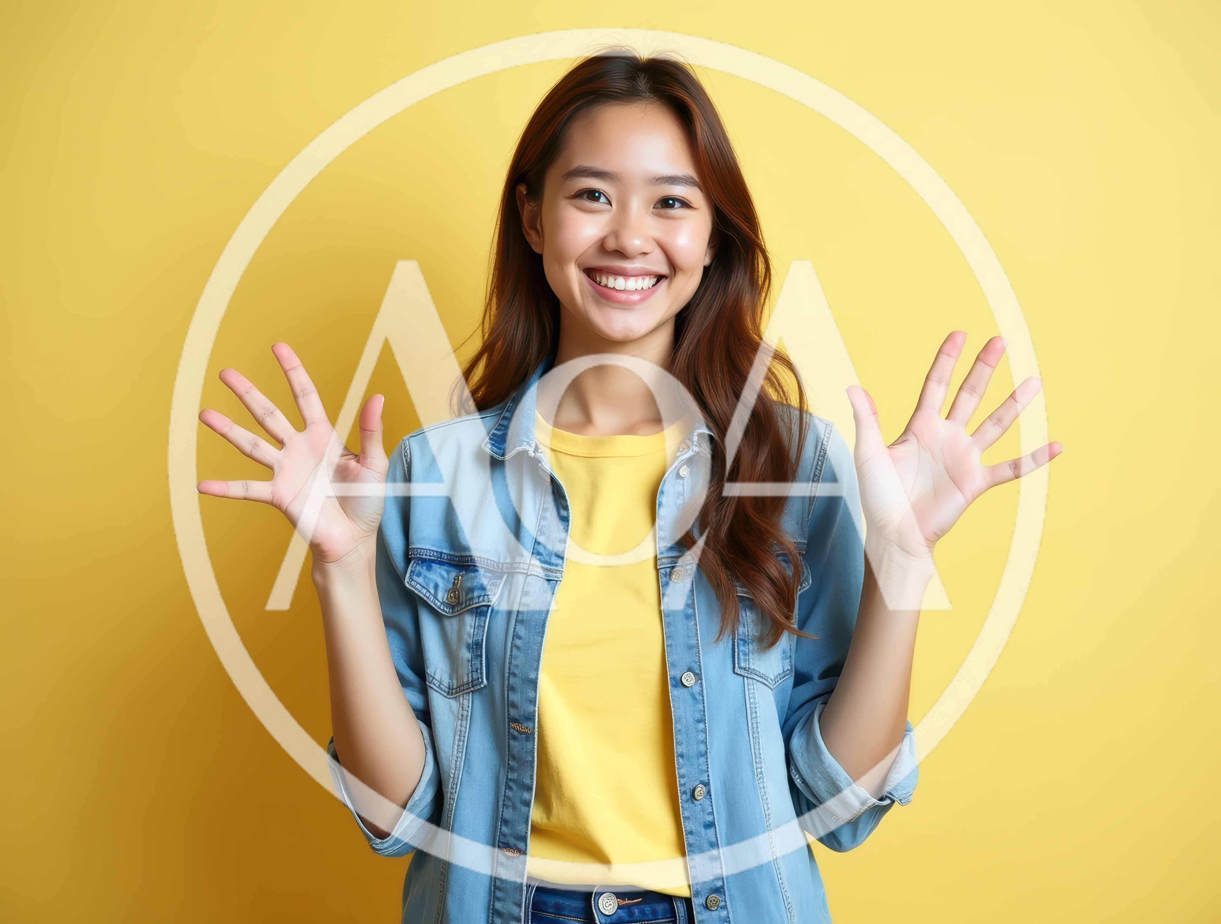 Young Asian Woman Waving Hands Against Yellow Background