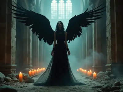 Dark Angel Standing In A Gothic Cathedral