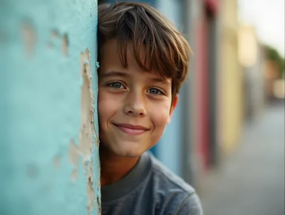Young Boy Peeking From Behind A Blue Wall