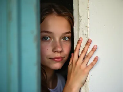 Curious girl peeking through doorway, observing with intrigue