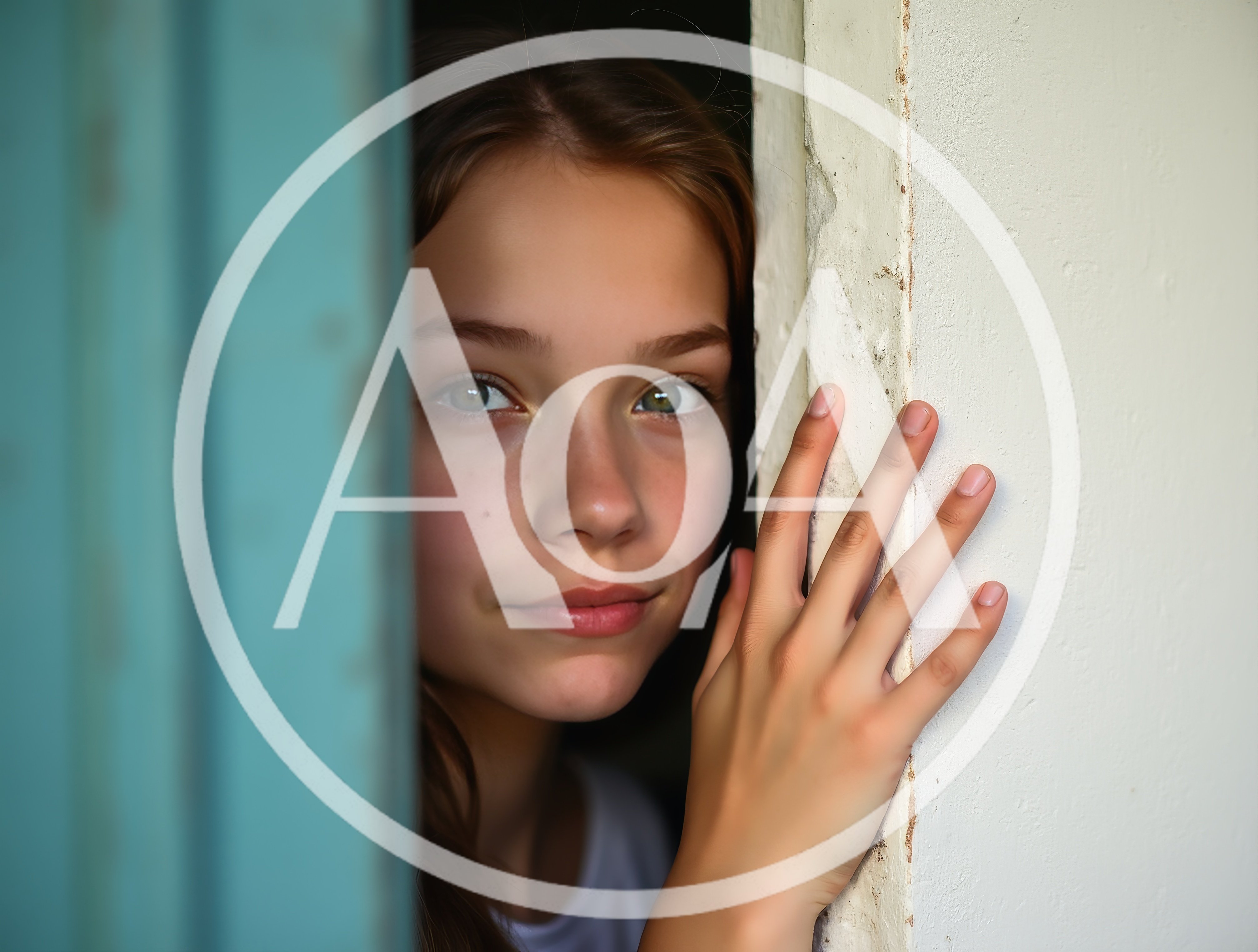 Curious girl peeking through doorway, observing with intrigue