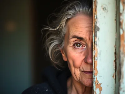 Portrait Of An Elderly Woman Peeking From Behind A Door