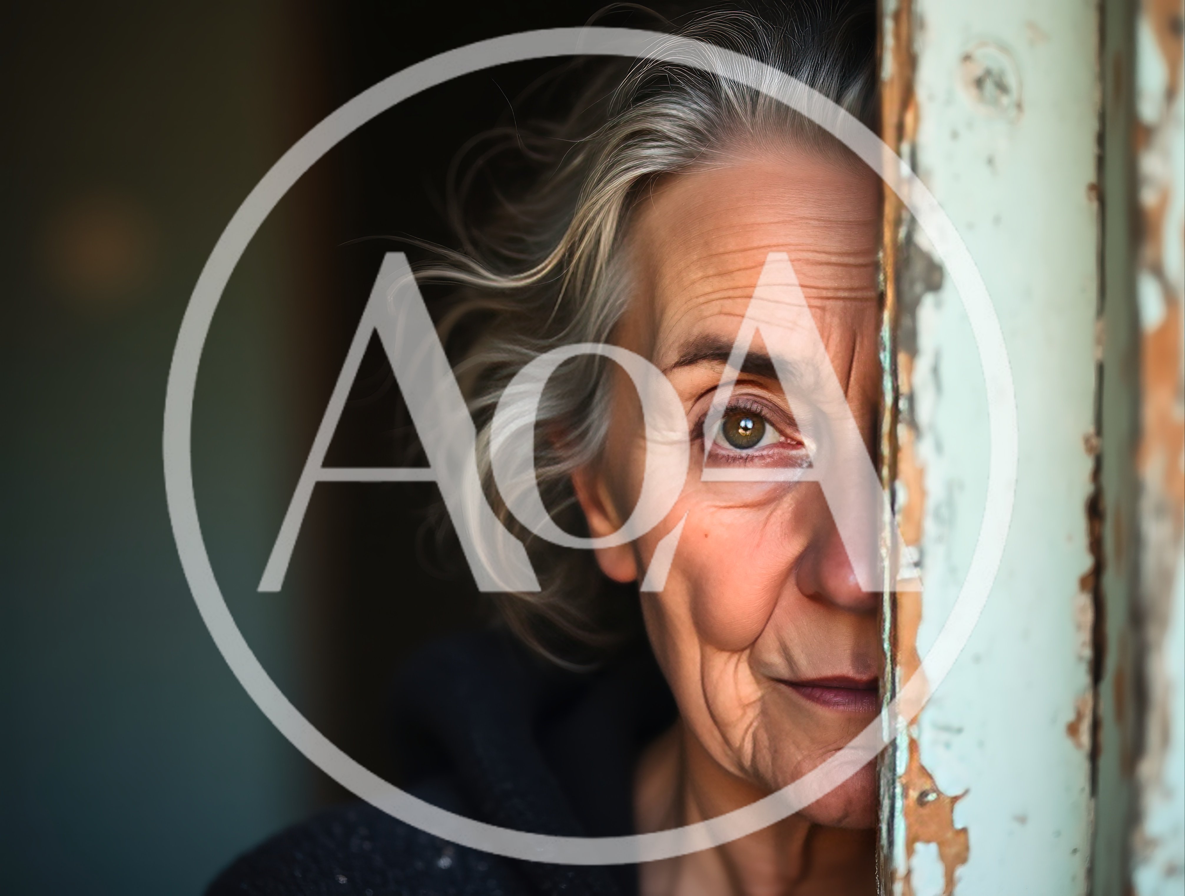 Portrait Of An Elderly Woman Peeking From Behind A Door