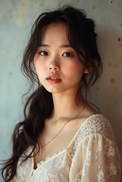 Portrait Of A Young Asian Woman In Lace Dress