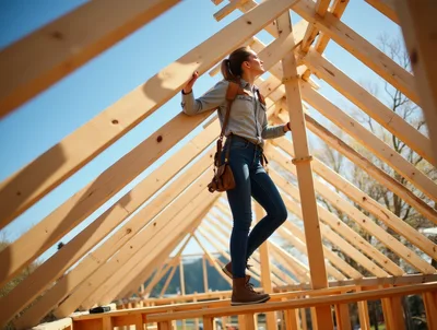 Female Architect Inspecting Wooden Roof Frame Construction