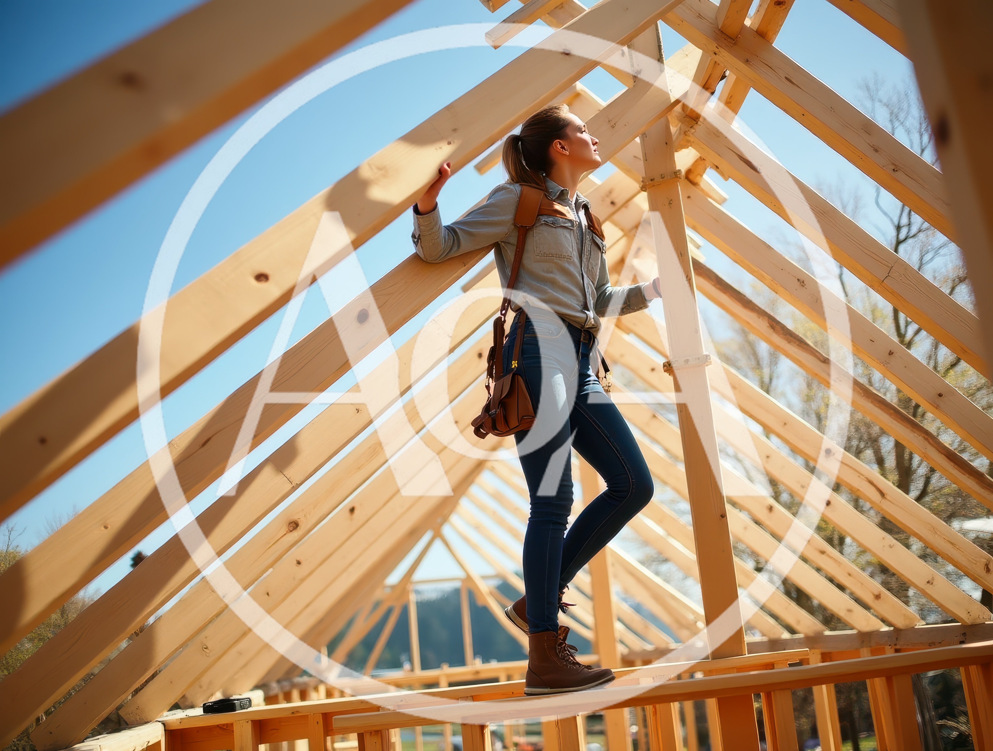 Female Architect Inspecting Wooden Roof Frame Construction