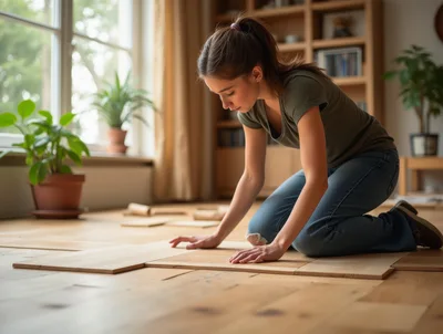 Young Woman Installing Wooden Laminate Flooring At Home