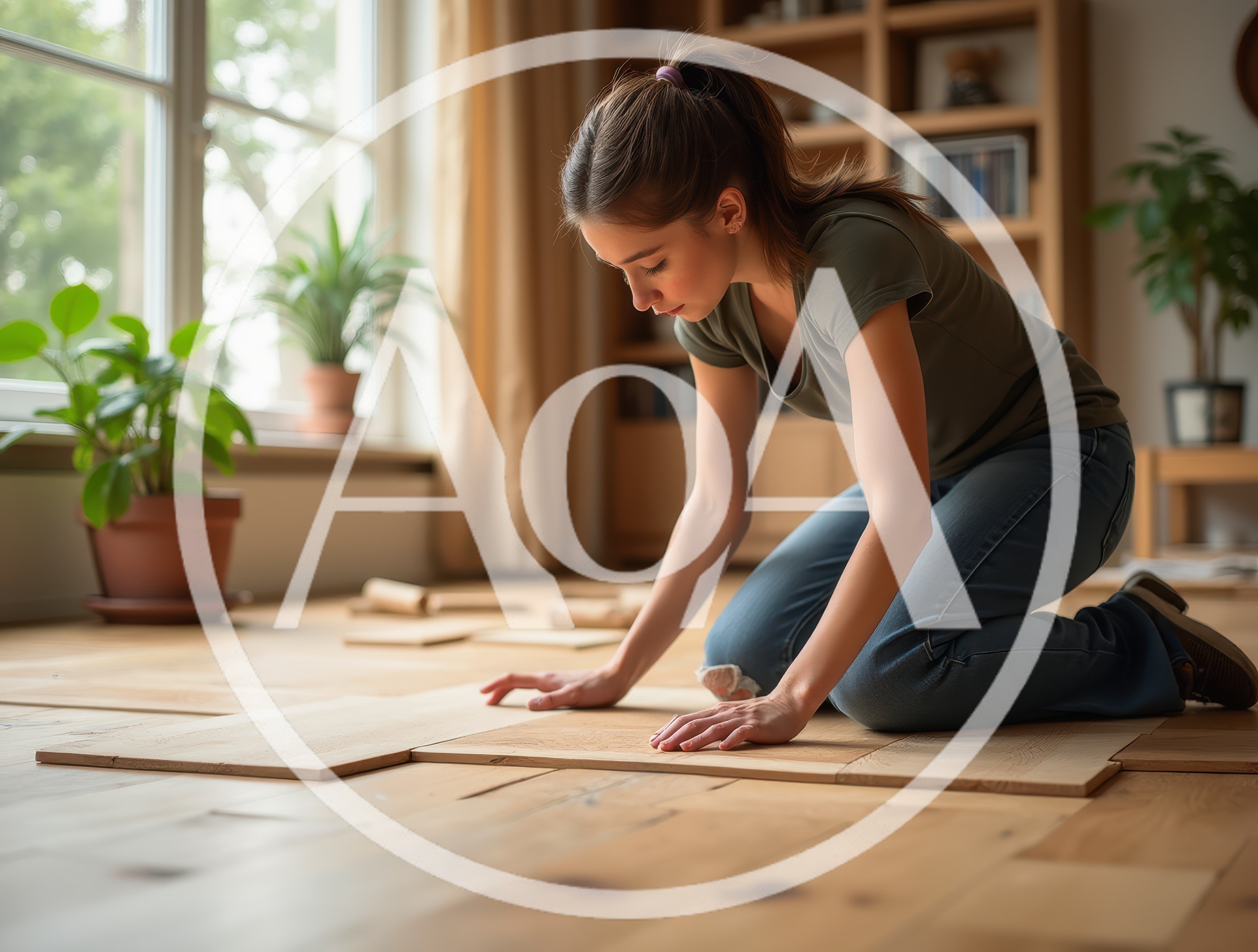 Young Woman Installing Wooden Laminate Flooring At Home
