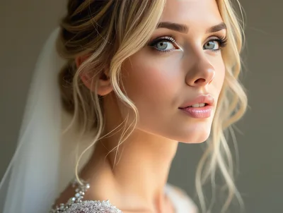 Portrait Of A Beautiful Blonde Bride In Wedding Attire