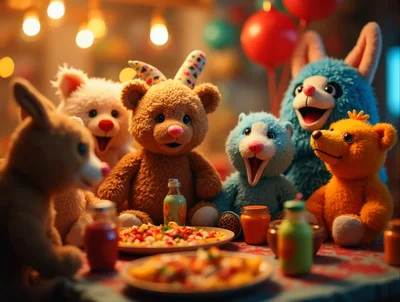 Stuffed Animal Friends Having A Festive Party