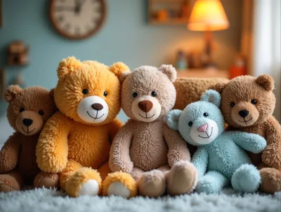 Five Colorful Teddy Bears Sitting Together