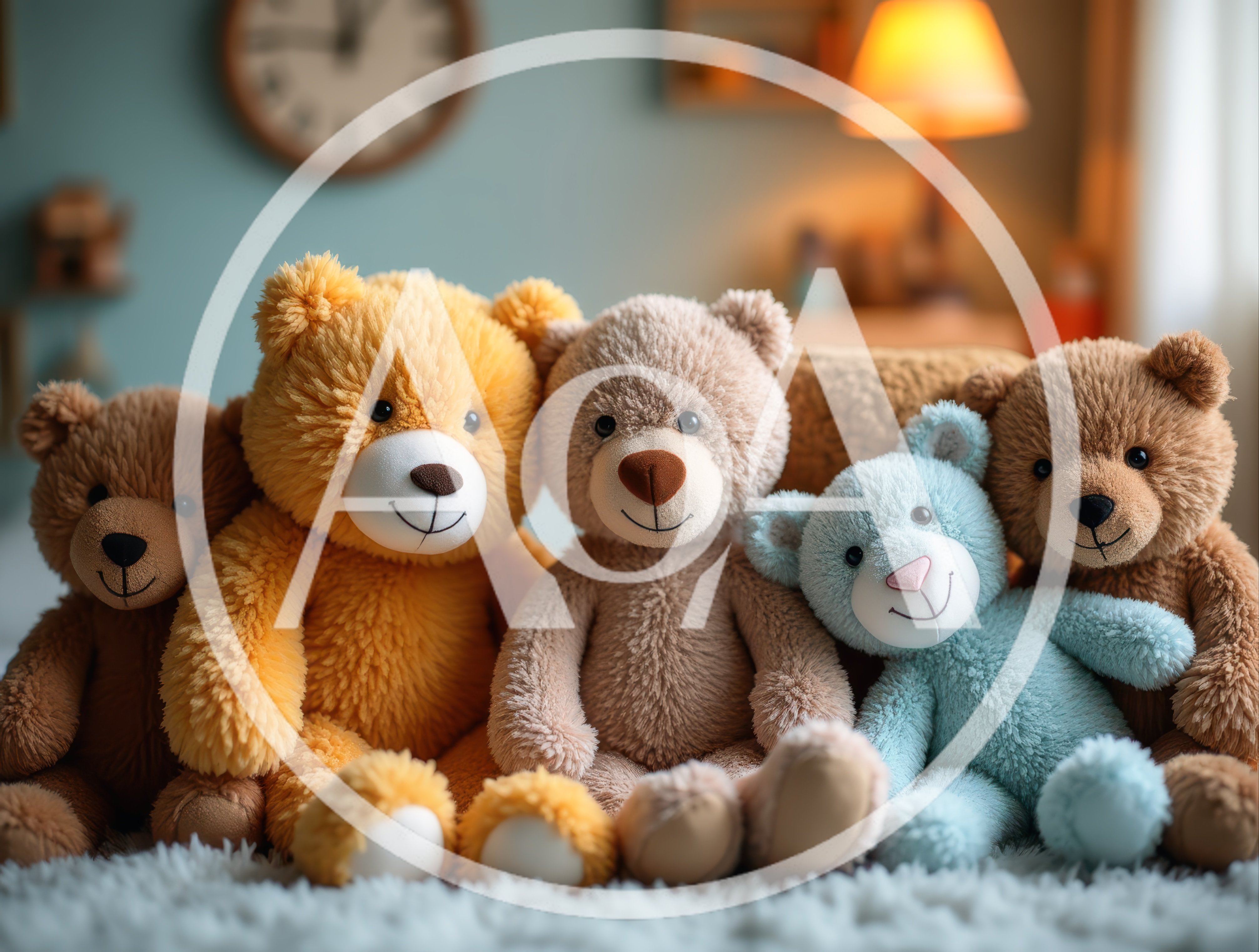 Five Colorful Teddy Bears Sitting Together