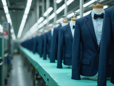 Rows Of Formal Suits On Mannequins In Clothing Factory