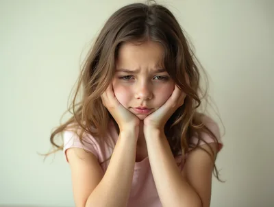 Sad Young Girl Resting Chin On Hands