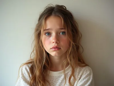 Portrait Of A Sad Young Girl With Wavy Hair