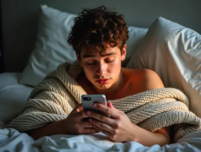 Young Man Using Smartphone While Lying In Bed
