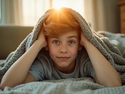 Young boy hiding under blanket in morning sunlight