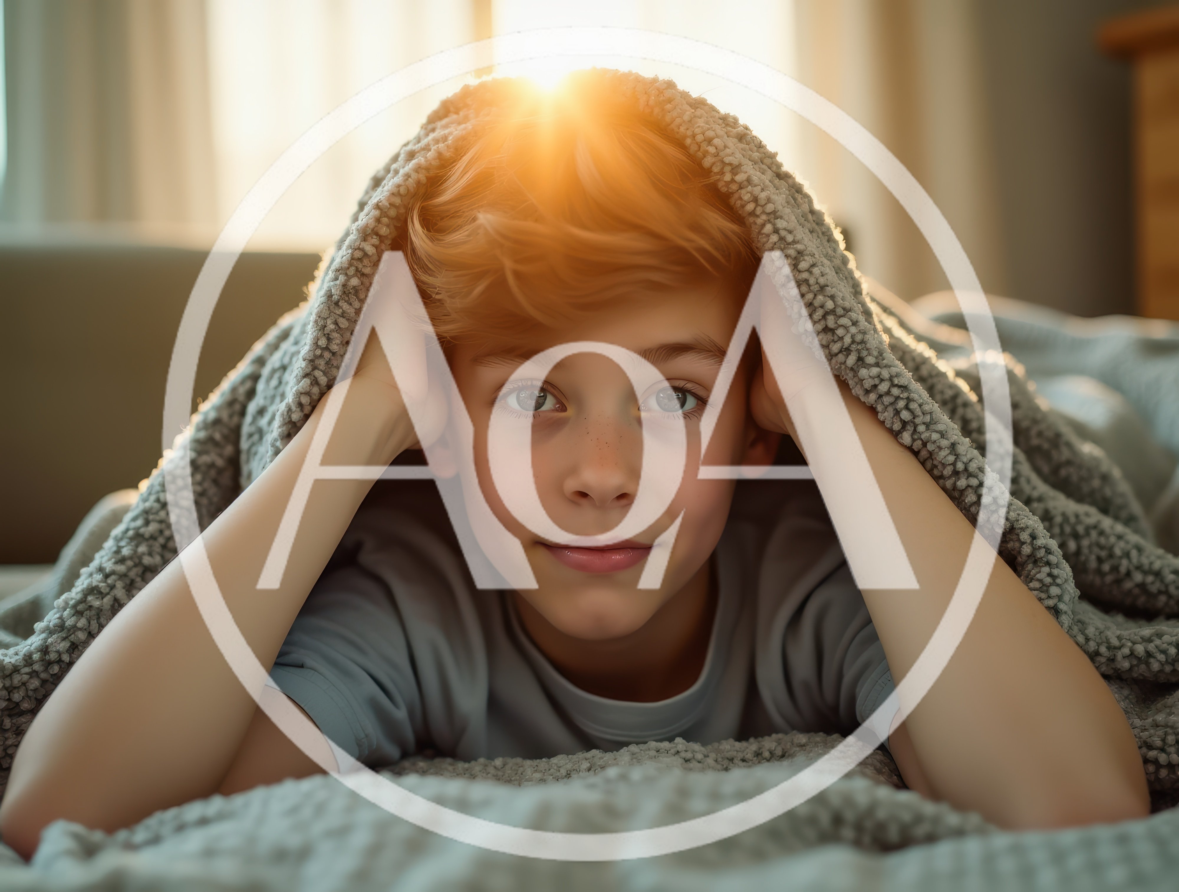 Young boy hiding under blanket in morning sunlight
