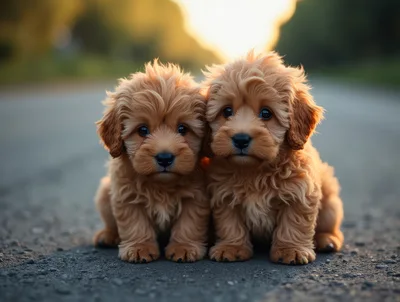 Two Adorable Fluffy Goldendoodle Puppies Sitting Outdoors