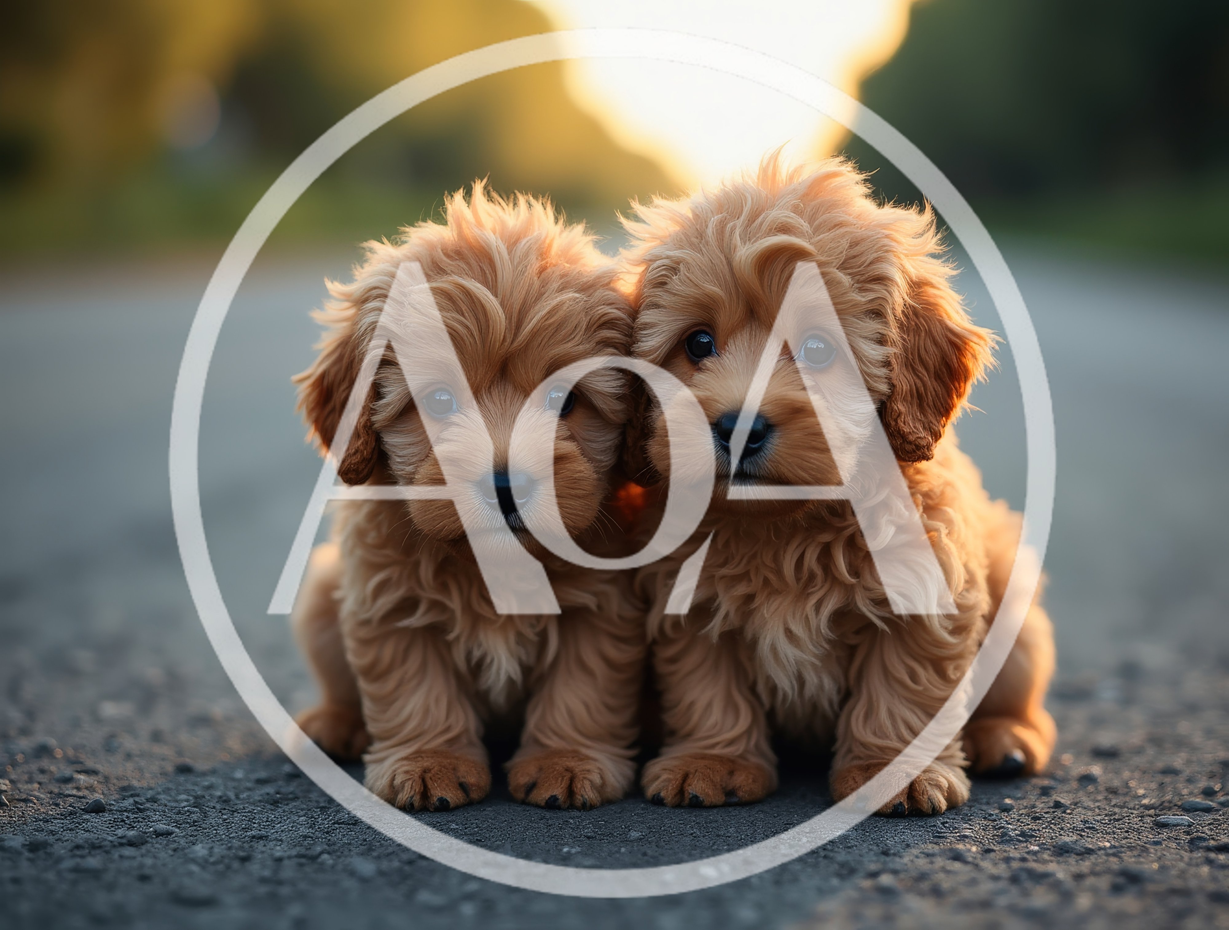 Two Adorable Fluffy Goldendoodle Puppies Sitting Outdoors