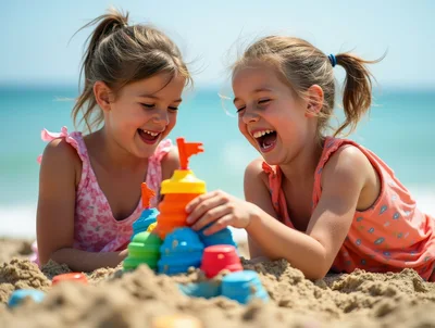 Two Young Girls Building Sandcastles on the Beach