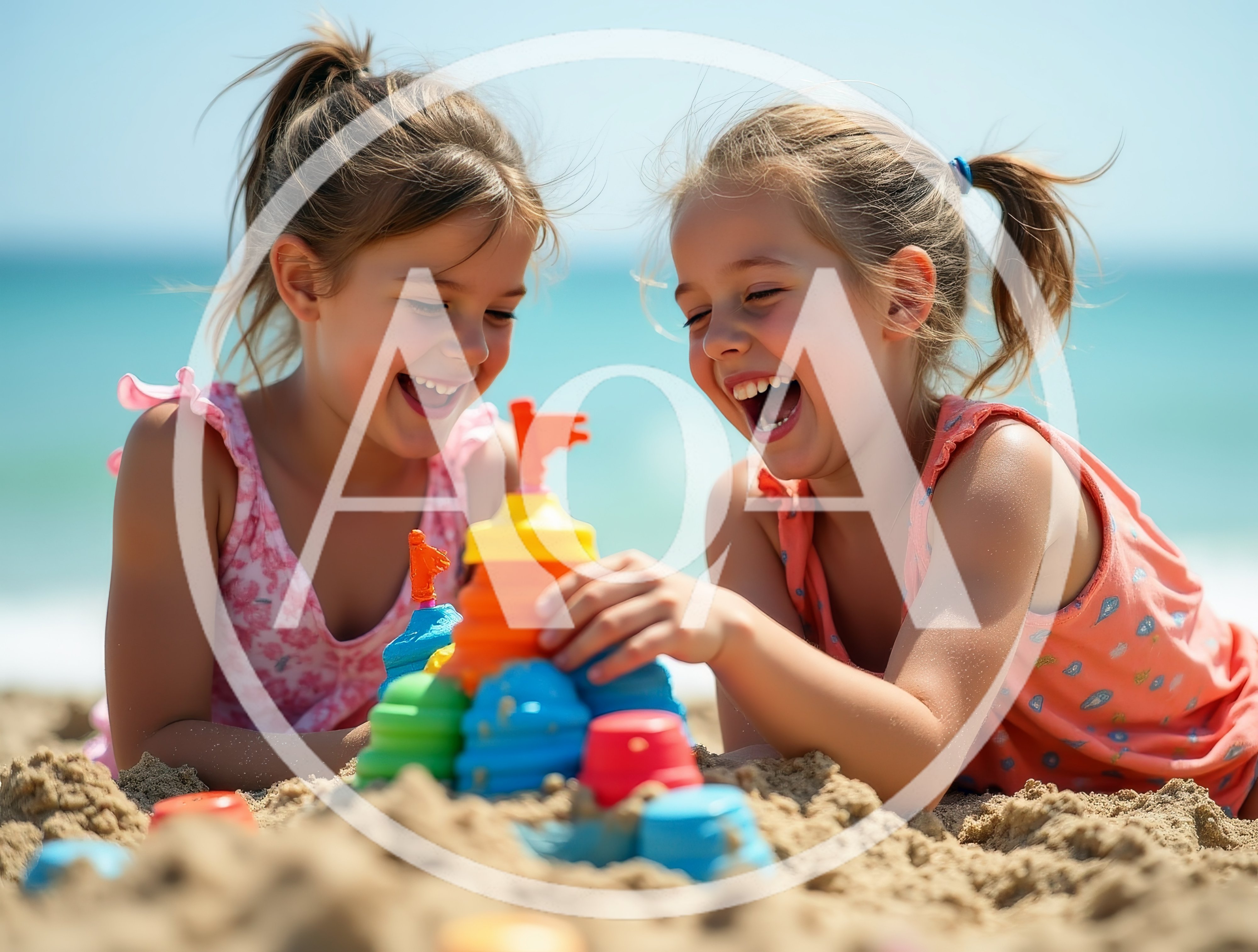 Two Young Girls Building Sandcastles on the Beach